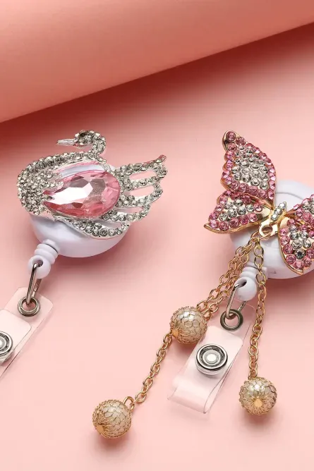 Swan & Butterfly Austrian Crystal Retractable Badge Holder Set - Image 2