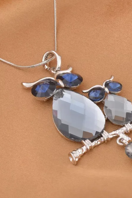 29 - Blue & Gray Crystal Owl Pendant Necklace – Silvertone - Image 2