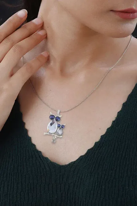 29 - Blue & Gray Crystal Owl Pendant Necklace – Silvertone - Image 4