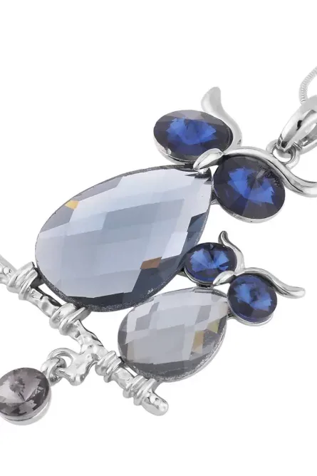 29 - Blue & Gray Crystal Owl Pendant Necklace – Silvertone - Image 5