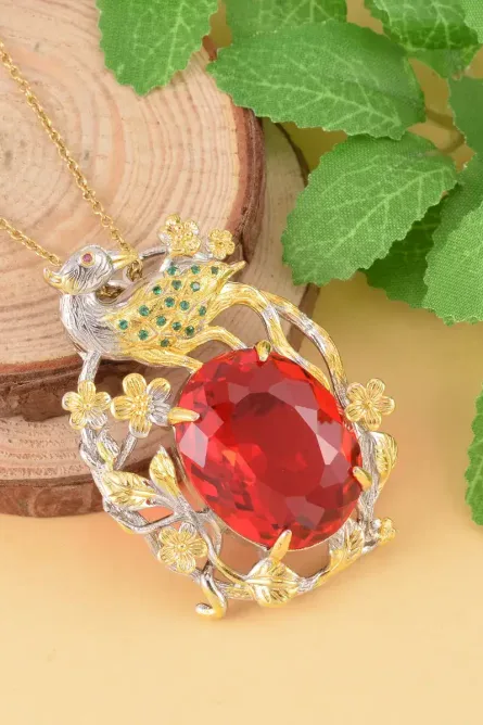 28 - Simulated Ruby & Green Crystal Bird Pendant Necklace - Image 3