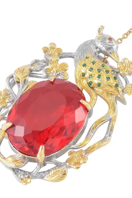 28 - Simulated Ruby & Green Crystal Bird Pendant Necklace - Image 4