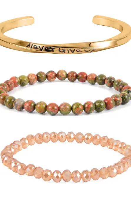 33 - Grounded Glow 3-Piece Unakite & Champagne Crystal Bracelet Set - Image 1
