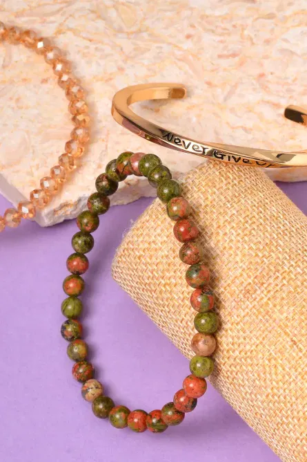 33 - Grounded Glow 3-Piece Unakite & Champagne Crystal Bracelet Set - Image 2