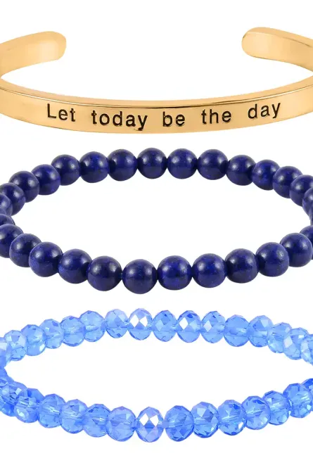 33 - Lapis Lazuli 3-Piece Bracelet Set – Blue Crystal & Inspirational Cuff - Image 1