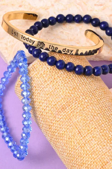 33 - Lapis Lazuli 3-Piece Bracelet Set – Blue Crystal & Inspirational Cuff - Image 2