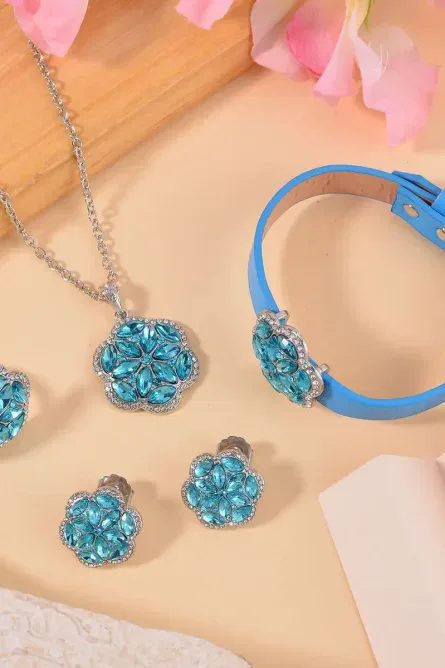 48 - Sky Blue & White Austrian Crystal Floral Jewelry Set - Image 9