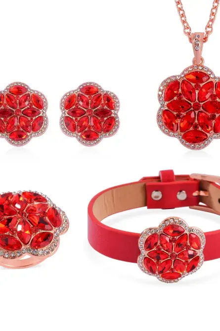 48 - Red & White Austrian Crystal Floral Jewelry Set - Image 1