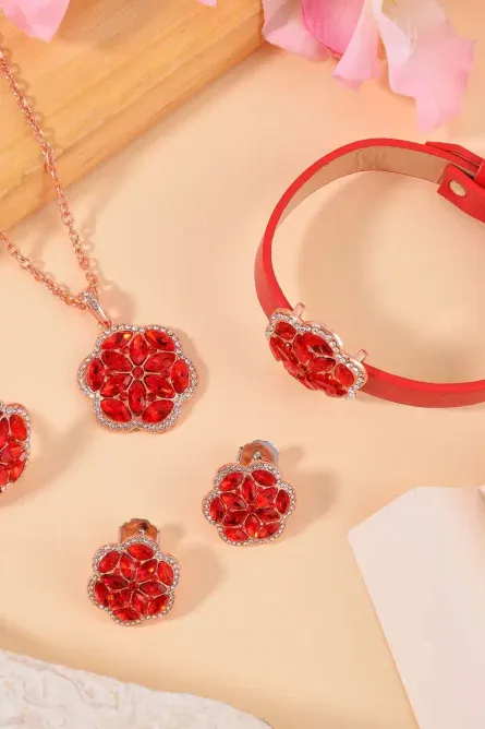 48 - Red & White Austrian Crystal Floral Jewelry Set - Image 2