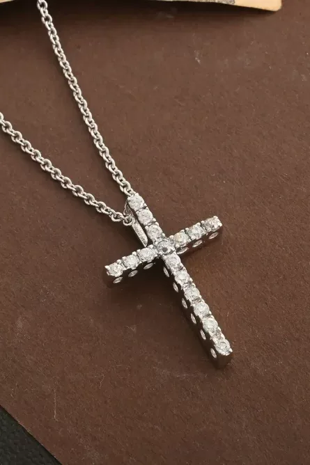 Simulated Diamond Cross Necklace in Silvertone – 1.25 ctw - Image 2