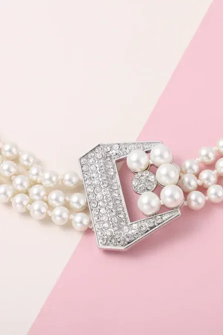 255 - Simulated White Pearl Triple-Row Necklace with Crystal Accent - Image 7