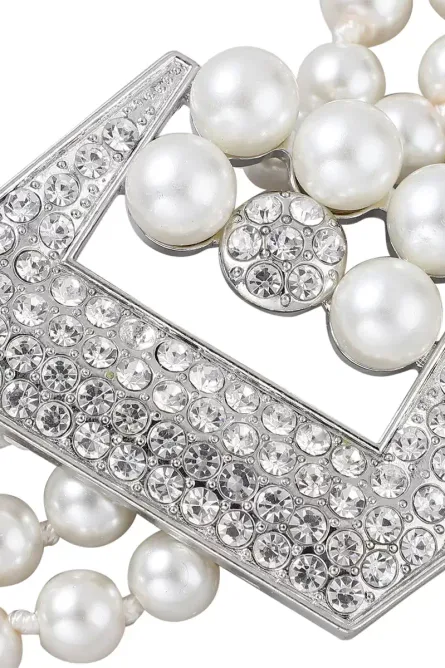 255 - Simulated White Pearl Triple-Row Necklace with Crystal Accent - Image 2