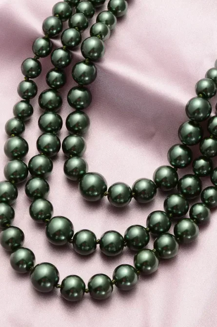 23 - Simulated Green Pearl Triple-Row Necklace - Image 2