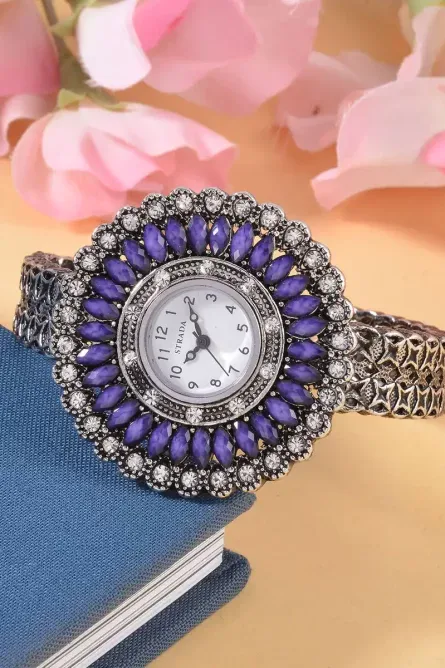 Strada Purple Austrian Crystal Bangle Watch (7in) - Image 2