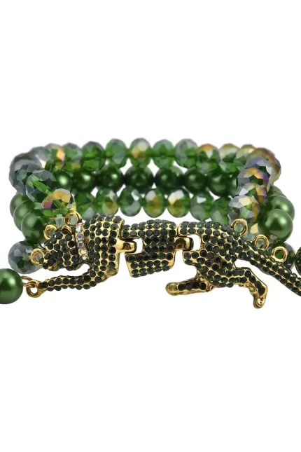 372 - “Jungle Majesty” Multi-Row Green Pearl & Leopard Charm Bracelet
