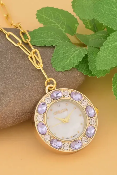 Strada Crystal Pendant Watch Necklace – Purple & Gold - Image 2