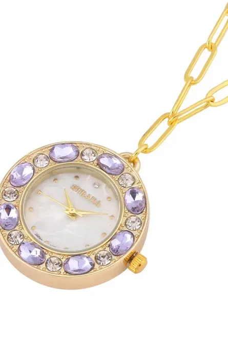 Strada Crystal Pendant Watch Necklace – Purple & Gold - Image 3