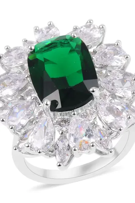 56 - Emerald Radiance Halo Ring – Simulated Green & White Diamond - Image 1