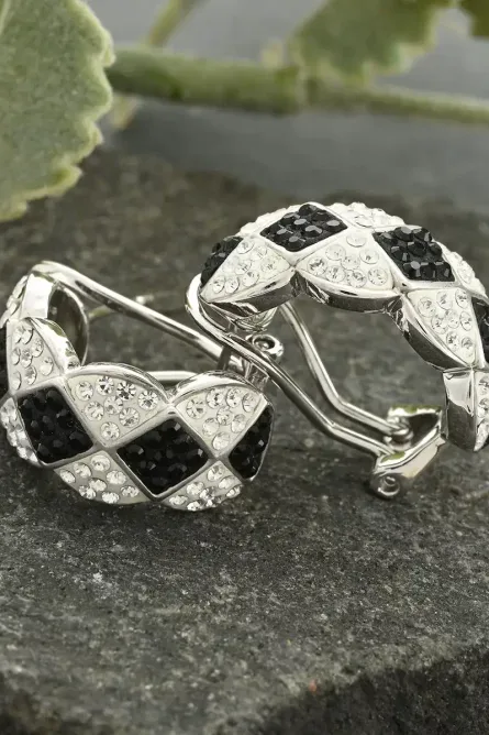 74 - Black & White Elegance Sterling Silver Crystal Hoop - Image 2