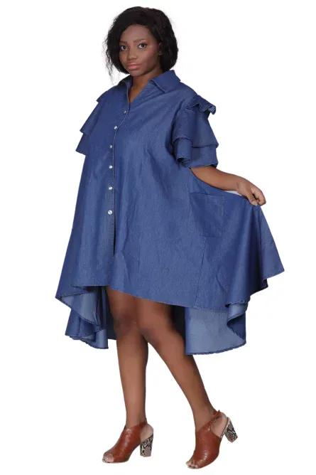 0005 - Denim Hi-Lo Ruffle Sleeve Dress - Image 4