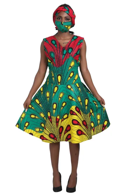 0014 - Sunburst Feather Sleeveless Ankara Dress - Image 3