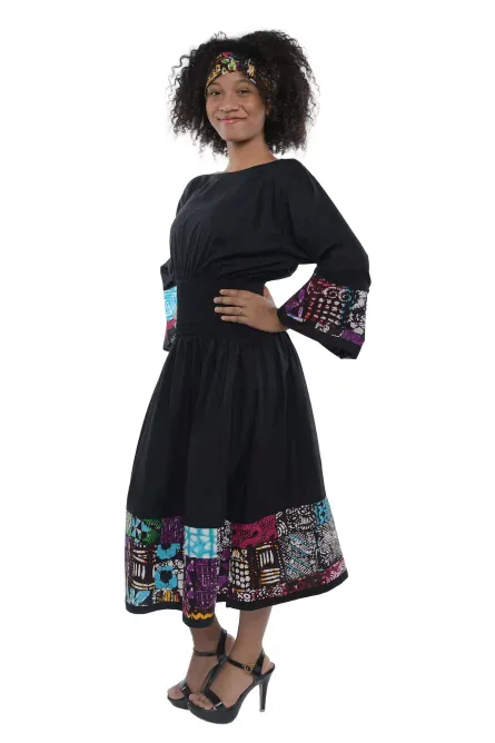0012 - Noir Mosaic African Trim Midi Dress - Image 4