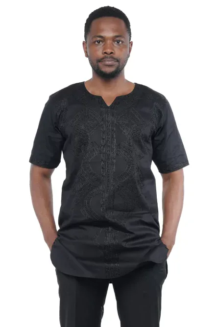 08 - Black Embroidered Cotton Shirt for Men - 4X - Image 4