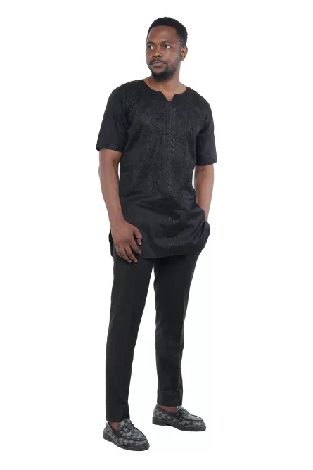 08 - Black Embroidered Cotton Shirt for Men - 4X - Image 1