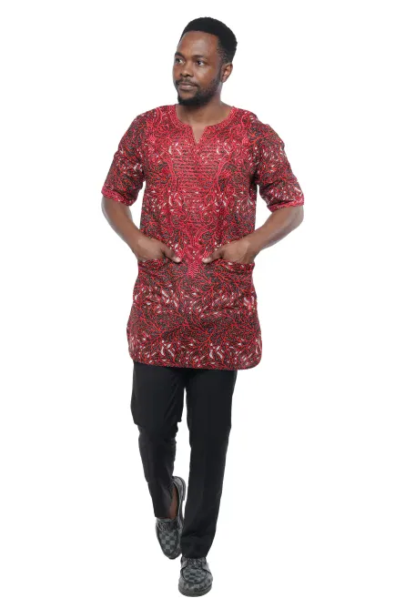 08 - Royal Red African Embroidered Dashiki Shirt - Image 1