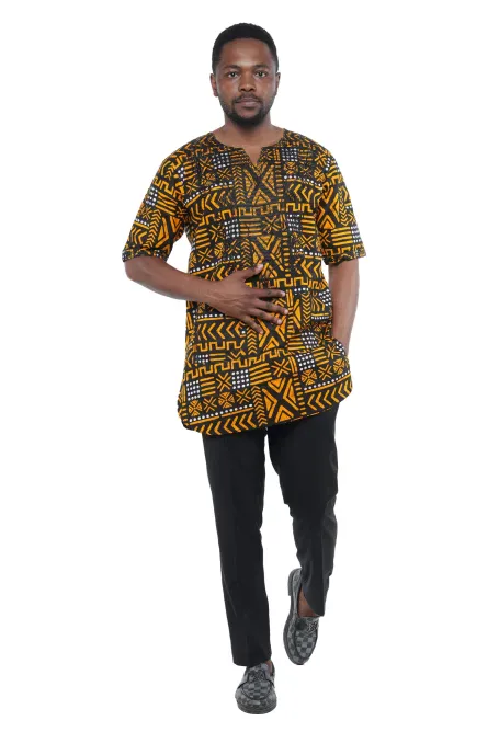 08 - Gold & Black African Print Embroidered Dashiki Shirt - XL - Image 1