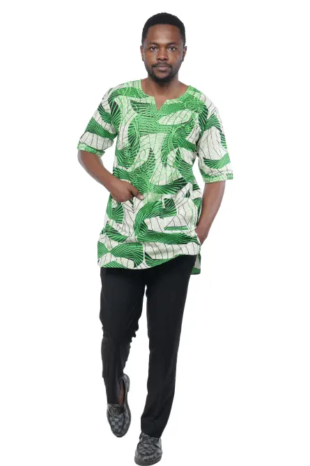 08 - Emerald Wave African Print Embroidered Dashiki Shirt - Image 2
