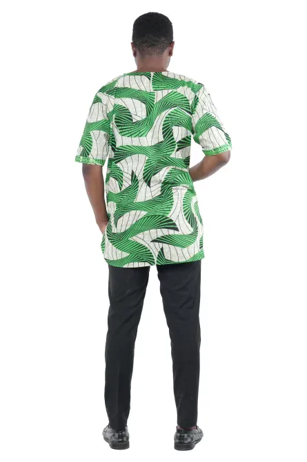 08 - Emerald Wave African Print Embroidered Dashiki Shirt - Image 1
