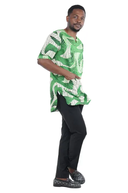 08 - Emerald Wave African Print Embroidered Dashiki Shirt - Image 4