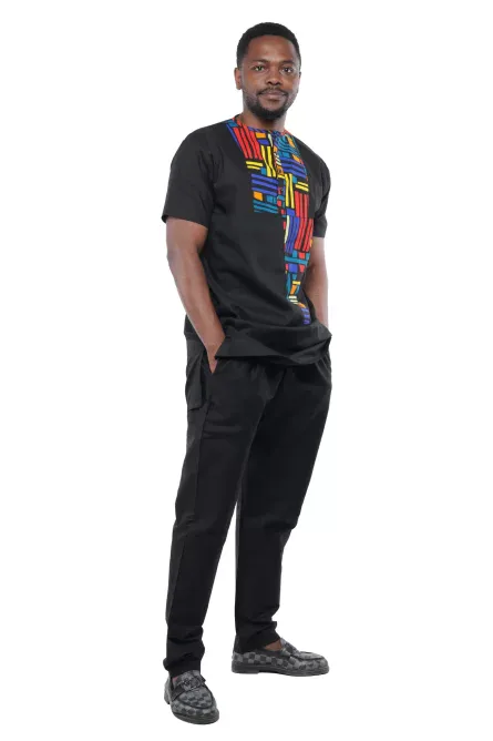 02 - Men’s Black Two-Piece Pant Set with Multicolor Panel - Image 4
