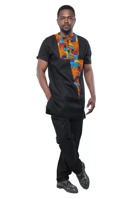 02 - Men’s Black Two-Piece Pant Set with Geometric Contrast Panel