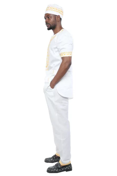 03 - Men’s White & Gold Embroidered Cotton Pant Set (3XL) - Image 2