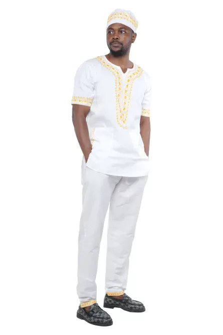 03 - Men’s White & Gold Embroidered Cotton Pant Set (3XL) - Image 4