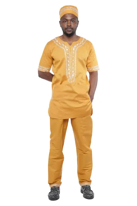 03 - Men’s Mustard & White Embroidered Cotton Pant Set (4XL)