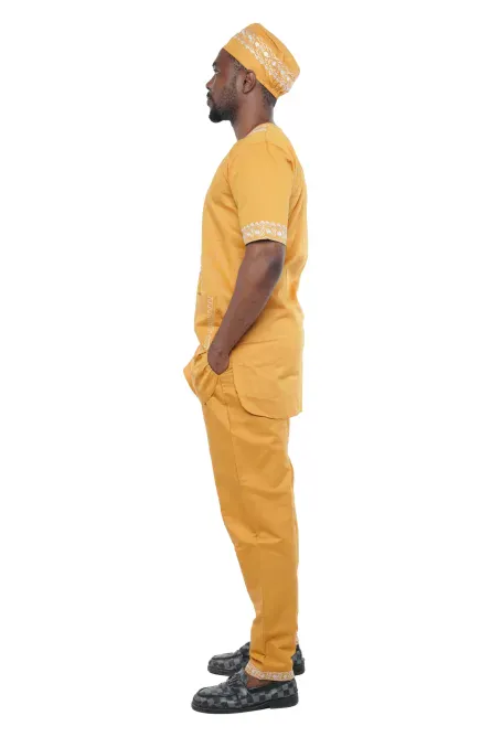 03 - Men’s Mustard & White Embroidered Cotton Pant Set (4XL) - Image 2