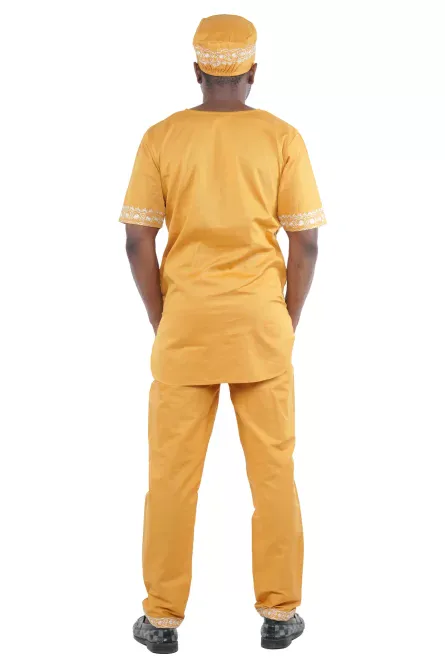 03 - Men’s Mustard & White Embroidered Cotton Pant Set (4XL) - Image 3