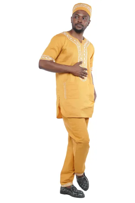 03 - Men’s Mustard & White Embroidered Cotton Pant Set (4XL) - Image 4