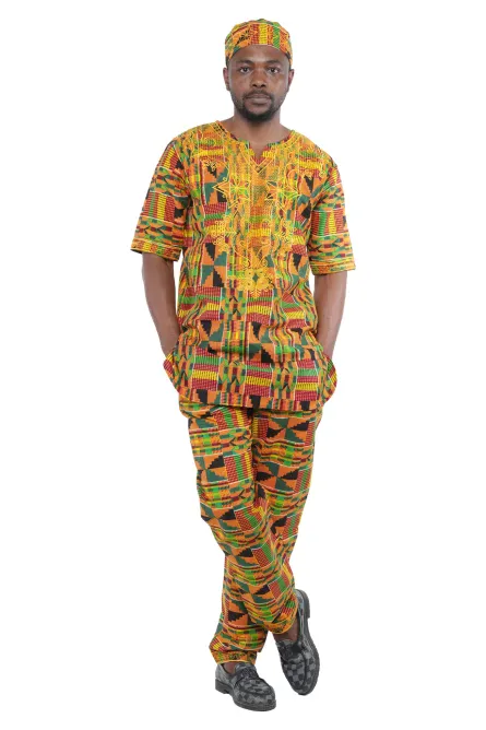 04 -Men’s Kente Print Two-Piece Cotton Pant Set - Size XL