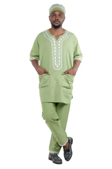 03 - Men’s Olive Green & White Embroidered Cotton Pant Set - 3XL