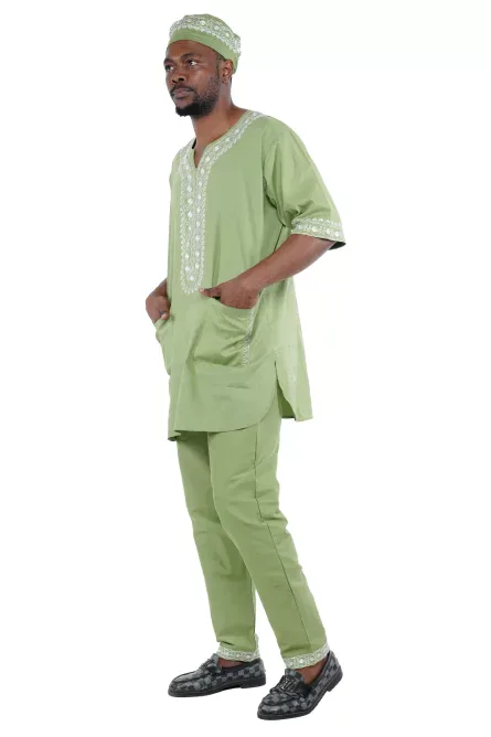 03 - Men’s Olive Green & White Embroidered Cotton Pant Set - 3XL - Image 2
