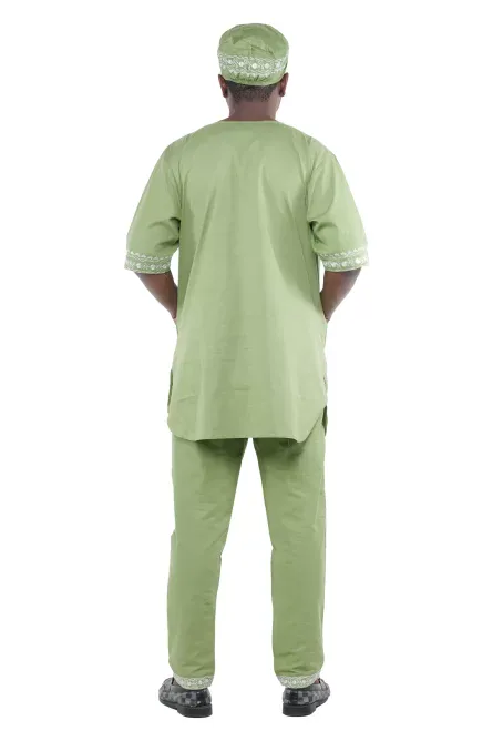 03 - Men’s Olive Green & White Embroidered Cotton Pant Set - 3XL - Image 3