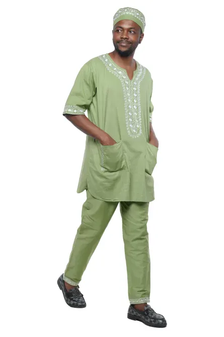 03 - Men’s Olive Green & White Embroidered Cotton Pant Set - 3XL - Image 4