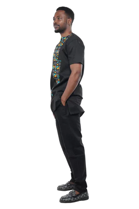 02 - Men’s Black Two-Piece Pant Set with Geometric Contrast Panel - Image 3