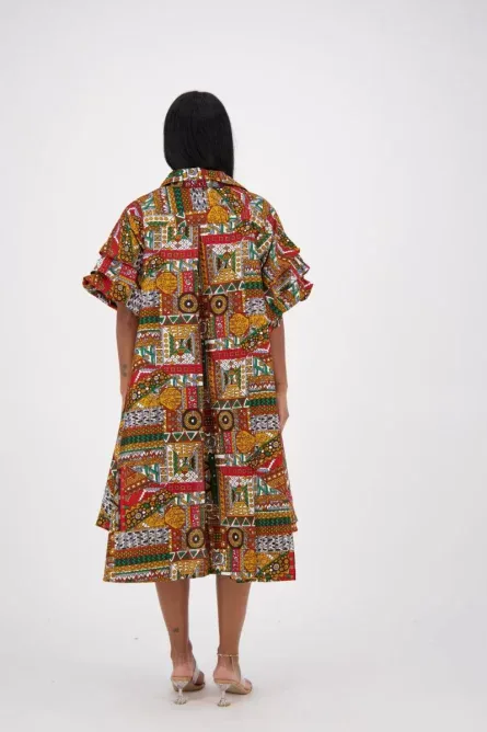 0009 - Tribal Mosaic Hi-Low Ruffle Sleeve Dress - Image 2