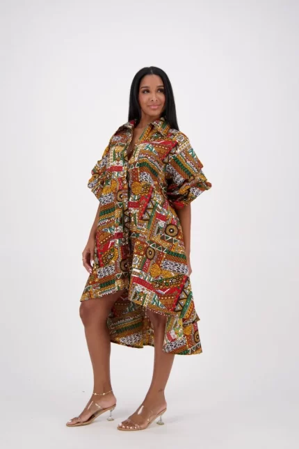 0009 - Tribal Mosaic Hi-Low Ruffle Sleeve Dress - Image 3