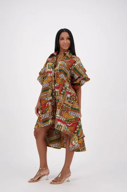 0009 - Tribal Mosaic Hi-Low Ruffle Sleeve Dress - Image 4